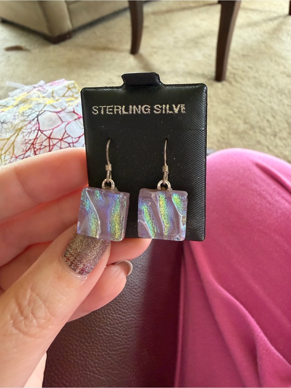 Iridescent Purple Glass Square Dangle Earrings